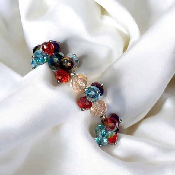 Festive Beaded Bracelet Blue Red Clear Pink Purple Stretch To Fit - Picture 3 of 3